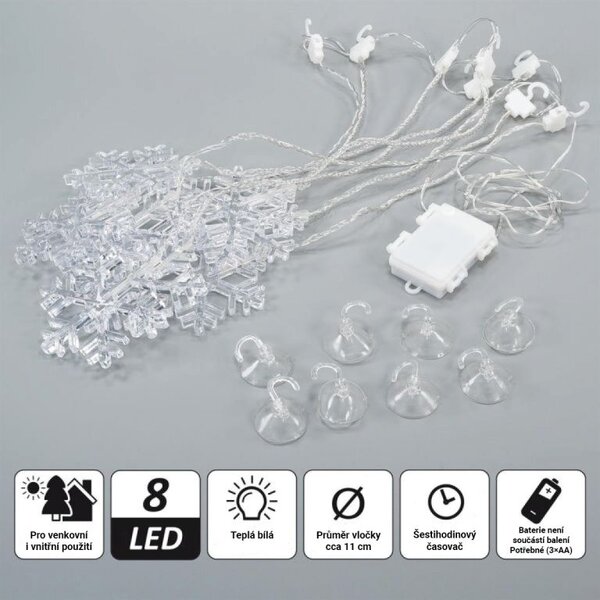 Vánoční světelný závěs, vločky, 8 LED, teple bílý