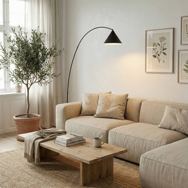 Lindby oblouková lampa Triangolo, černá, výška 195 cm, kov E27, Černá, Obývací pokoj / jídelna, kov, Moderní