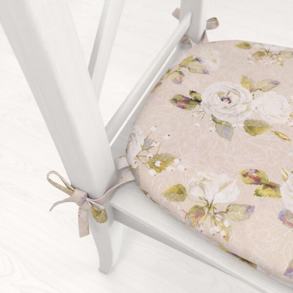 Biante Oblý podsedák PML-059 Bílé růže s perokresbou na béžovém - 39x37x3 cm