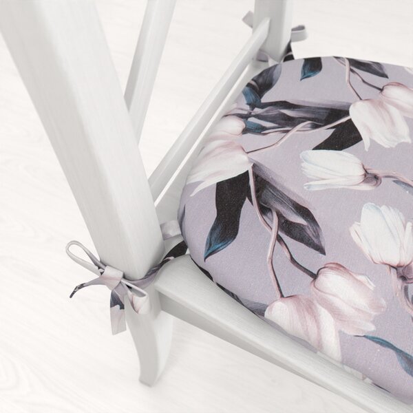 Biante Oblý podsedák PML-034 Bílé tulipány na šedém - 39x37x3 cm