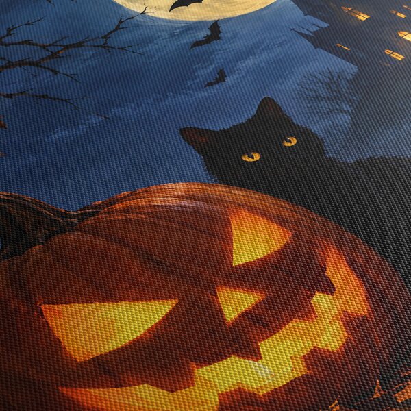 Obraz - Černá kočka u svítící dýně na Halloween (125x70 cm)