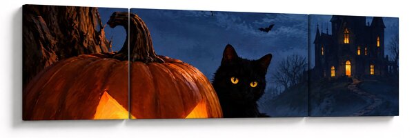 Obraz - Černá kočka u svítící dýně na Halloween (170x50 cm)