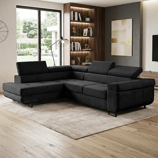 Sedací souprava GREIZ | 203x275 cm | levá | rozkládací + úložný prostor | lincol 100D černá | 3D manšestr