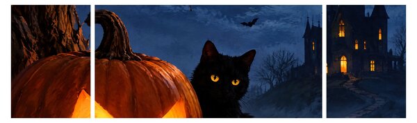 Obraz - Černá kočka u svítící dýně na Halloween (170x50 cm)
