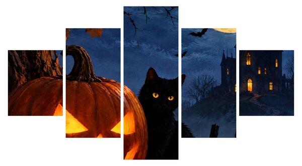 Obraz - Černá kočka u svítící dýně na Halloween (125x70 cm)
