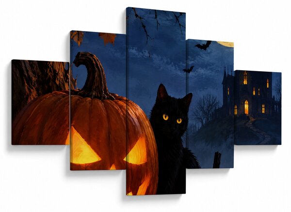 Obraz - Černá kočka u svítící dýně na Halloween (125x70 cm)