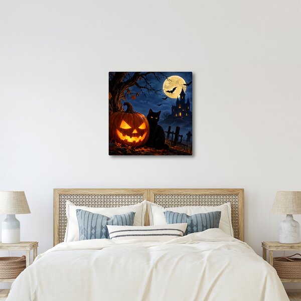 Obraz - Černá kočka u svítící dýně na Halloween (30x30 cm)