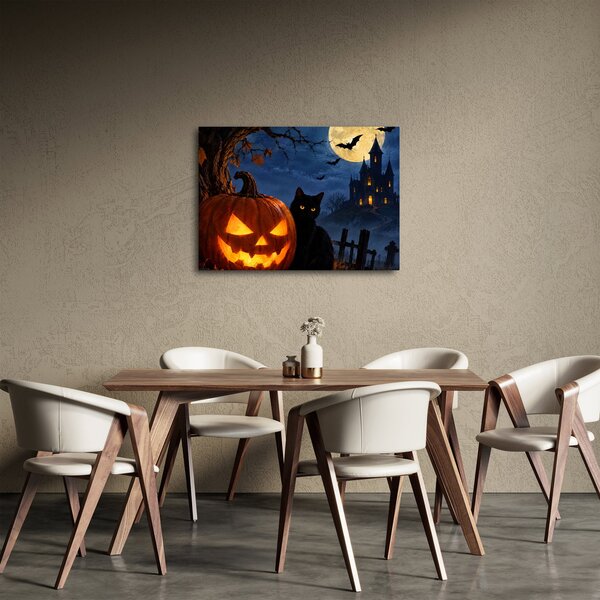 Obraz - Černá kočka u svítící dýně na Halloween (70x50 cm)