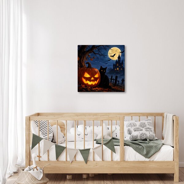 Obraz - Černá kočka u svítící dýně na Halloween (30x30 cm)