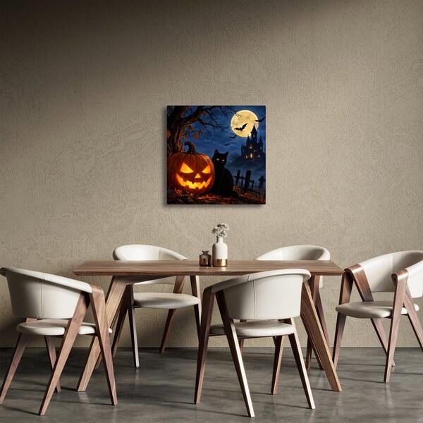 Obraz - Černá kočka u svítící dýně na Halloween (30x30 cm)
