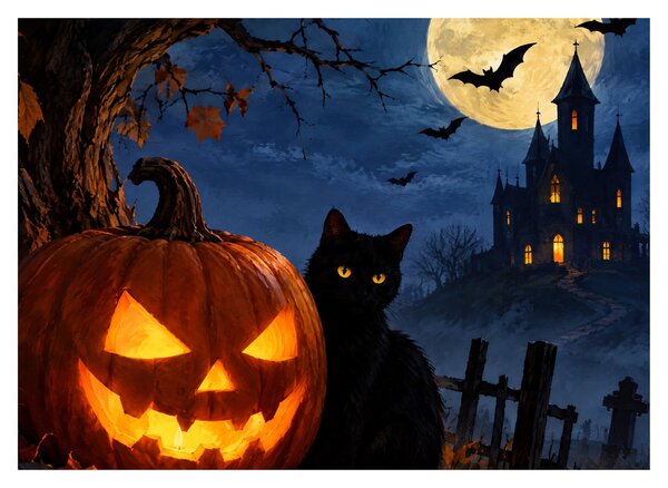 Obraz - Černá kočka u svítící dýně na Halloween (70x50 cm)