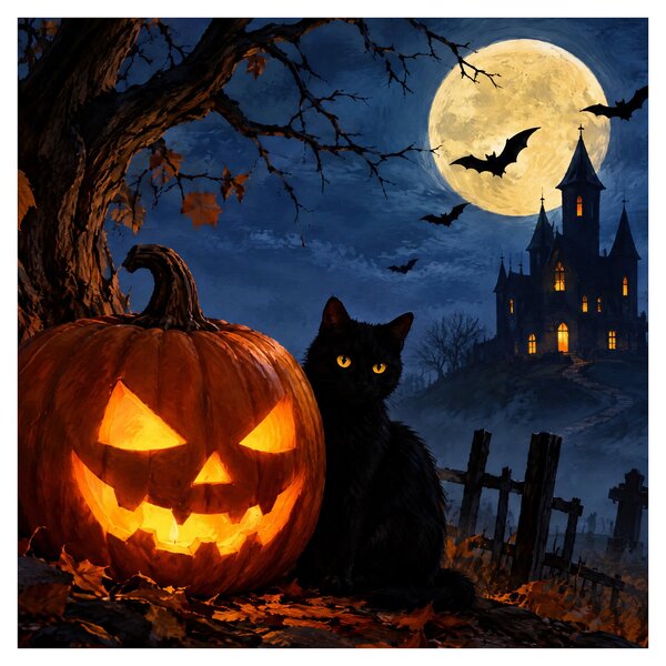 Obraz - Černá kočka u svítící dýně na Halloween (30x30 cm)
