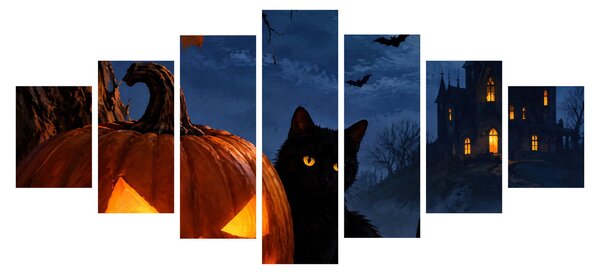 XXL Obraz - Černá kočka u svítící dýně na Halloween (210x100 cm)