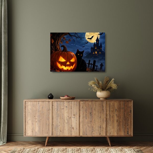 Skleněný obraz - Černá kočka u svítící dýně na Halloween (70x50 cm)