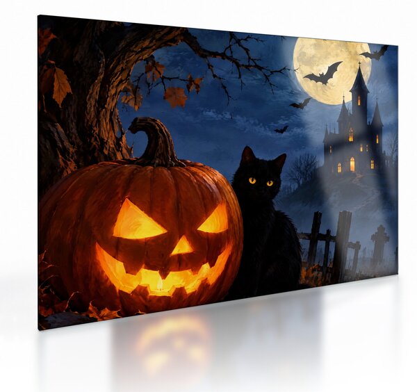 Skleněný obraz - Černá kočka u svítící dýně na Halloween (70x50 cm)