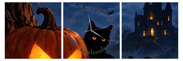 Obraz - Černá kočka u svítící dýně na Halloween (s hodinami) (90x30 cm)