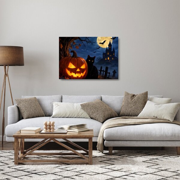 Skleněný obraz - Černá kočka u svítící dýně na Halloween (70x50 cm)
