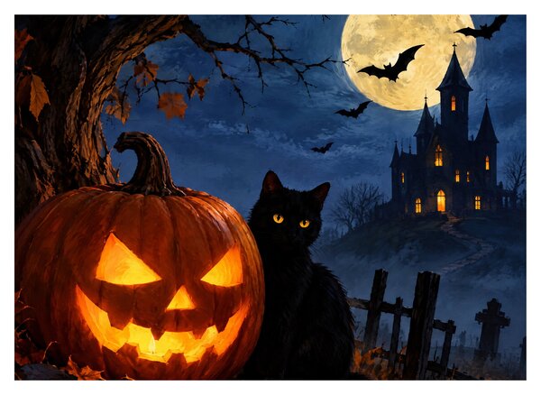 Skleněný obraz - Černá kočka u svítící dýně na Halloween (70x50 cm)