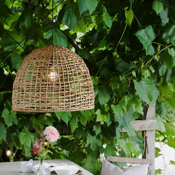 PR Home venkovní závěsné svítidlo Cebu, Ø 46 cm, kabel 2,5 m, IP44, stmívatelný, Světlé dřevo, Dřevo, Venkovský / rustikální