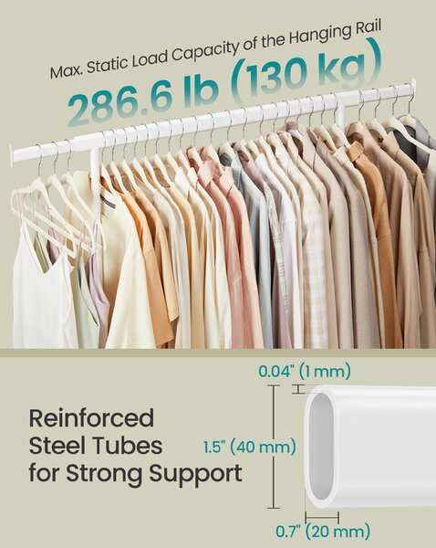 SONGMICS Pojízdný věšák na oděvy s výsuvnou lištou nosnost 130 kg 110-150 x 162,9 cm x 45 cm bílá