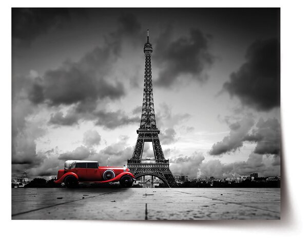 Plakát SABLIO - Eiffelova věž a červené auto 60x40 cm