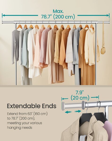 SONGMICS Pojízdný věšák na oděvy s výsuvnou závěsnou lištou nosnost 110 kg 160-200 x 163 x 45 cm stříbrná