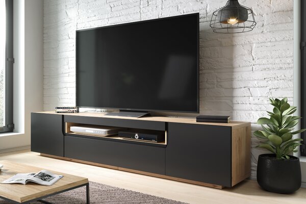 Loftová TV skříňka Loftia 200 cm dvoudveřová s nikou - artisan / černý mat