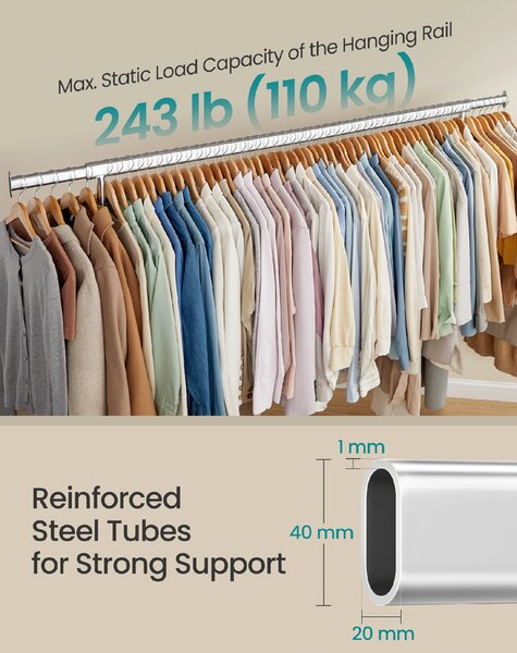 SONGMICS Pojízdný věšák na oděvy s výsuvnou závěsnou lištou nosnost 110 kg 160-200 x 163 x 45 cm stříbrná