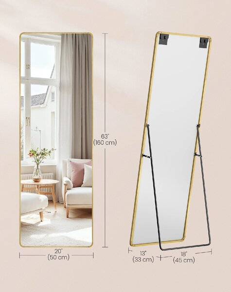 SONGMICS Stojací zrcadlo se zlatým rámem obdélník tvrzené sklo 160 x 50 cm zlatá