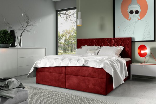 Postel boxspring s prošívaným čelem EUGENA - 160x200, červená + topper ZDARMA