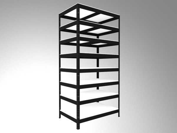 Bezšroubový regál Biedrax 35 x 60 x 210 cm, černý, 8 polic bílé lamino 12mm, nosnost 200 kg na polici