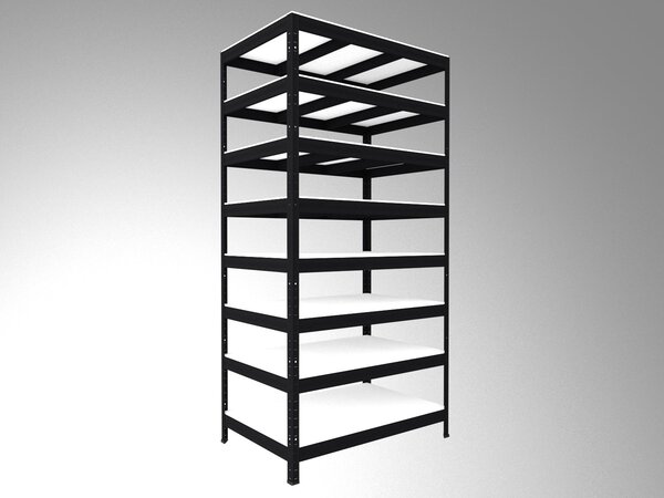 Regál do technické místnosti Biedrax 35 x 75 x 210 cm, černý, 8 polic bílé lamino 12mm, nosnost 300 kg na polici