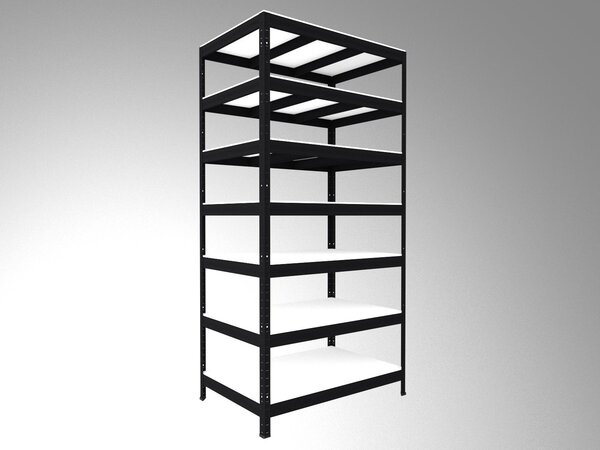 Regál do technické místnosti Biedrax 35 x 75 x 210 cm, černý, 7 polic bílé lamino 12mm, nosnost 300 kg na polici