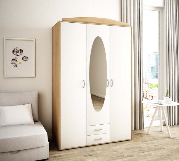 Prostorná šatní skříň se zrcadlem MARIETTA - šířka 127 cm, dub sonoma / bílá