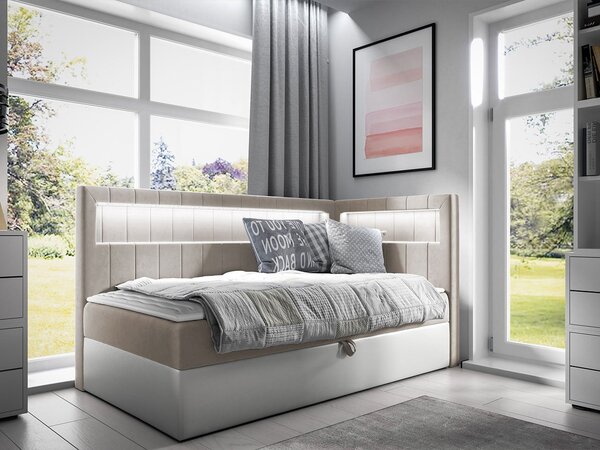 Kontinentální jednolůžková postel 100x200 RAMIRA 3 - bílá ekokůže / béžová, pravé provedení + topper ZDARMA