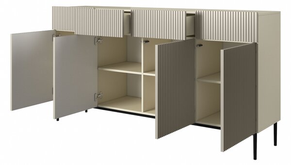 Moderní komoda Nicole 200 cm čtyřdveřová se zásuvkami s ryhovaným čelem - kašmír / černé nohy
