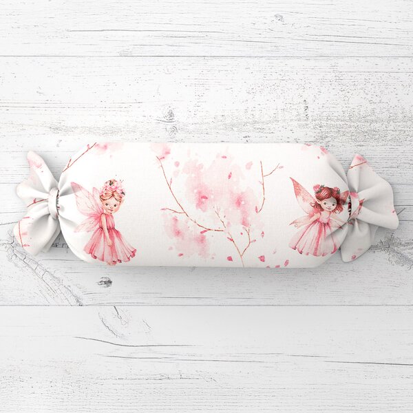 Biante Dětský polštář válec bonbon Sandra SA-684 Růžové víly na bílém 15x40 cm
