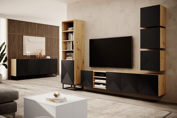 Závěsný TV stolek Asha 200 cm s rýhovanými dvířky a výklenkem - dub artisan / černý mat