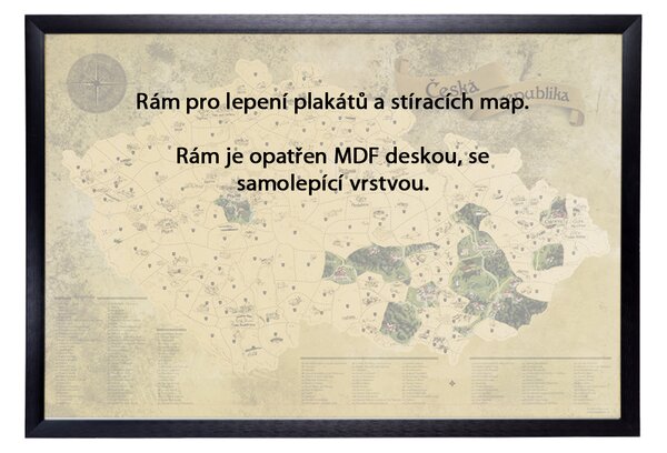 Černý rám na stírací mapy a plakáty 60x90cm se samolepicí deskou