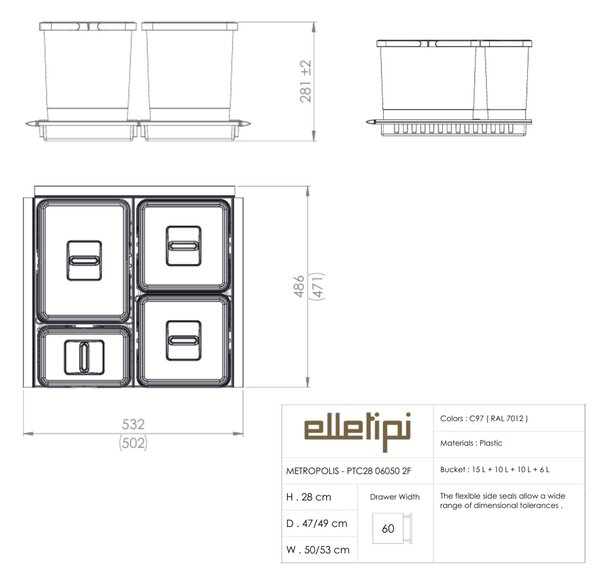 Vestavný odpadkový koš Elletipi METROPOLIS/ do zásuvky/ 15+10+10+6 L/ PTC28 06050 2F