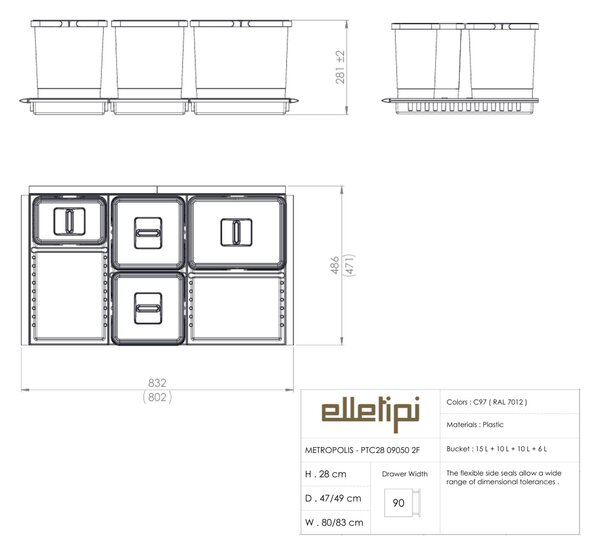 Vestavný odpadkový koš Elletipi METROPOLIS/ do zásuvky/ 15+10+10+6 L/ PTC28 09050 2F C97