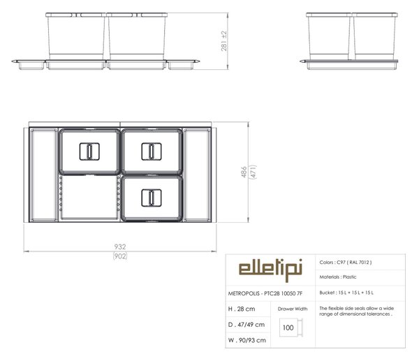 Vestavný odpadkový koš Elletipi METROPOLIS/ do zásuvky/ 15+15+15 L/ PTC28 10050 7F C97