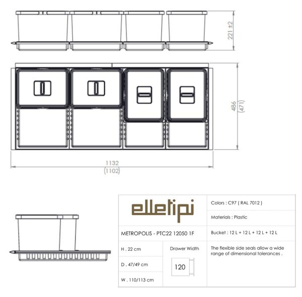 Vestavný odpadkový koš Elletipi METROPOLIS/ do zásuvky/ 12+12+12+12 L/ PTC22 12050 1F