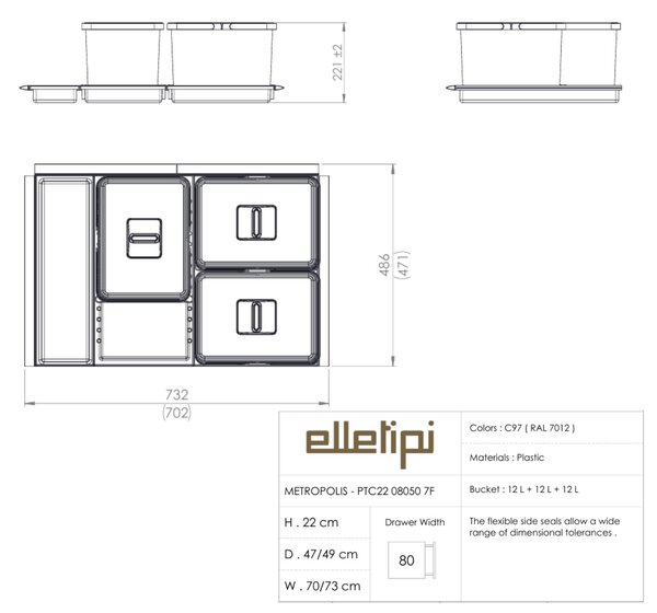 Vestavný odpadkový koš Elletipi METROPOLIS/ do zásuvky/ 12+12+12 L/ PTC22 08050 7F