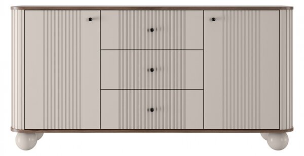 Komoda Vesper 160 cm se zásuvkami na kulových nohách - kašmír / ořech / černé úchyty