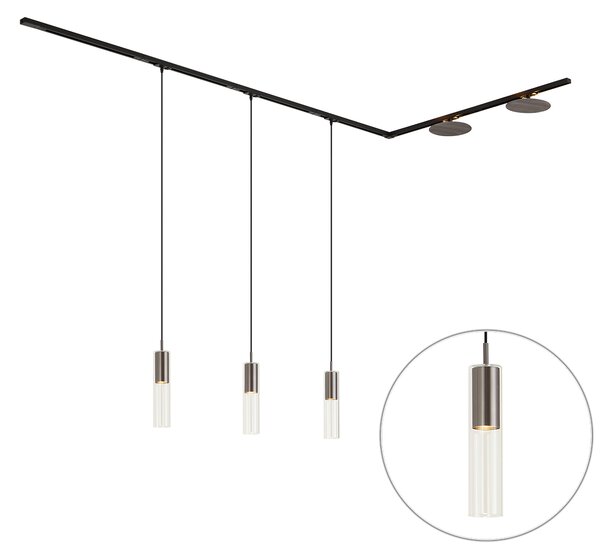 Moderní kolejnicový systém černý se 3 závěsnými svítidly a 2 stropními svítidly v barvě gunmetal 1-fázový - Iconic Lloyd Pulley