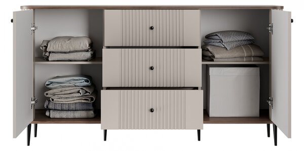 Komoda Vesper 160 cm se zásuvkami na nožkách - kašmír / ořech / černé nohy