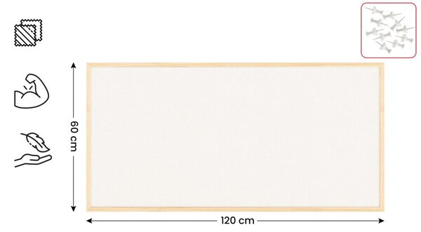 Textilní (plstěná) tabule 120 × 60 cm, bílá, v lakovaném dřevěném rámu, TFWHITE126W
