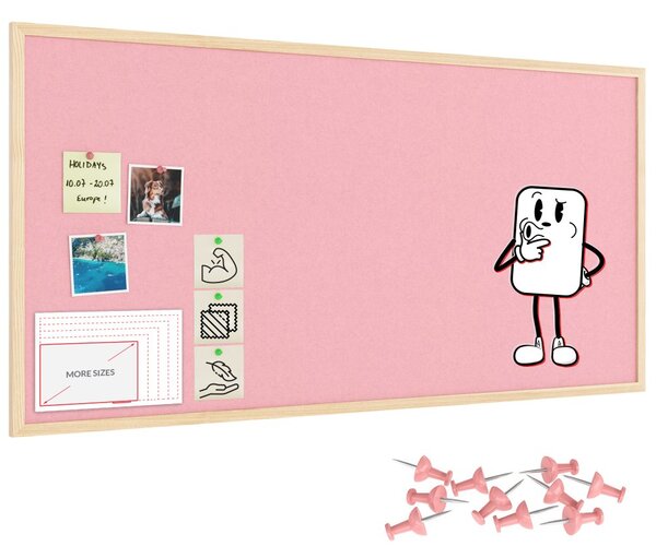 Textilní (plstěná) tabule 120 × 60 cm, růžové, v lakovaném dřevěném rámu, TFPINK126P