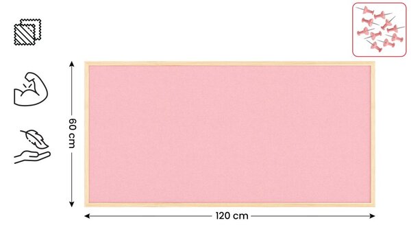 Textilní (plstěná) tabule 120 × 60 cm, růžové, v lakovaném dřevěném rámu, TFPINK126P